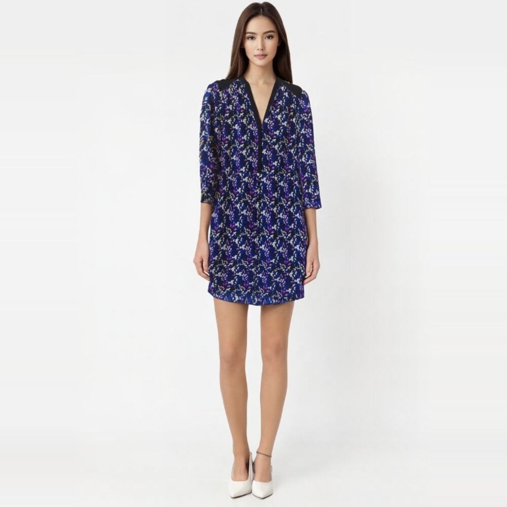 Diane von Furstenberg Dress Womens 0 Shift V-neck Blue Floral 100% Silk